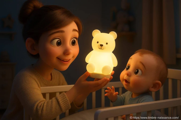 Enfant avec veilleuse ours dans lit bébé