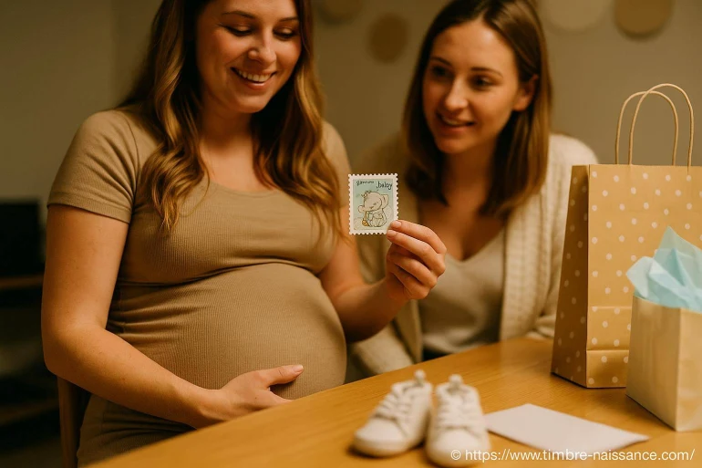 Femme enceinte montrant un timbre naissance