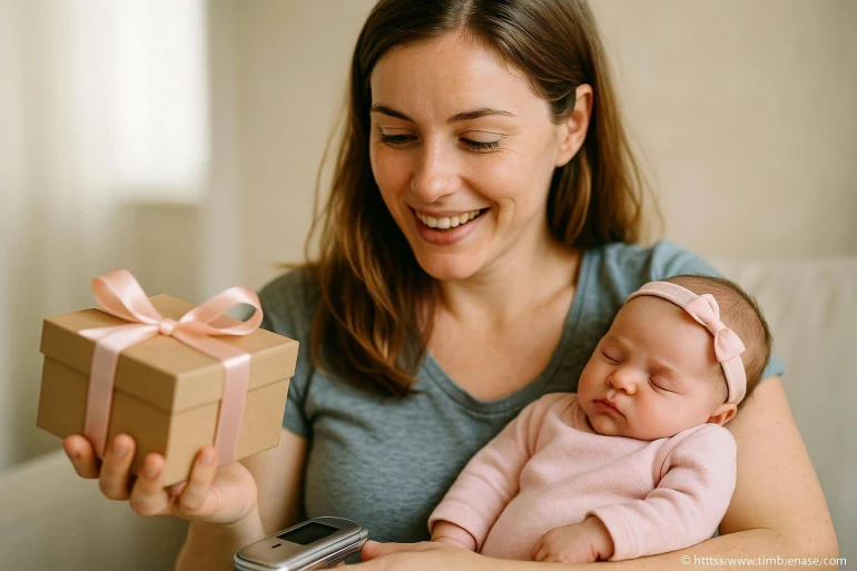 Femme souriante tenant cadeau bébé endormi