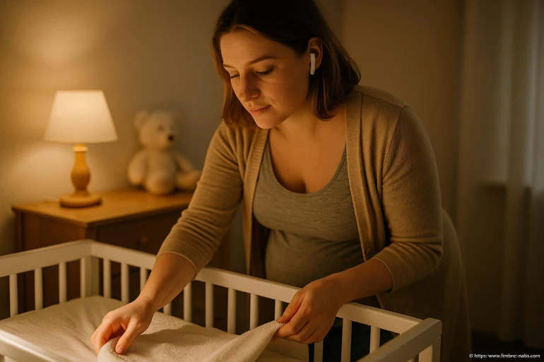 Femme enceinte préparant un lit de bébé