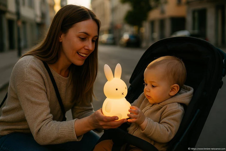 Mère donnant lampe lapin à bébé en poussette