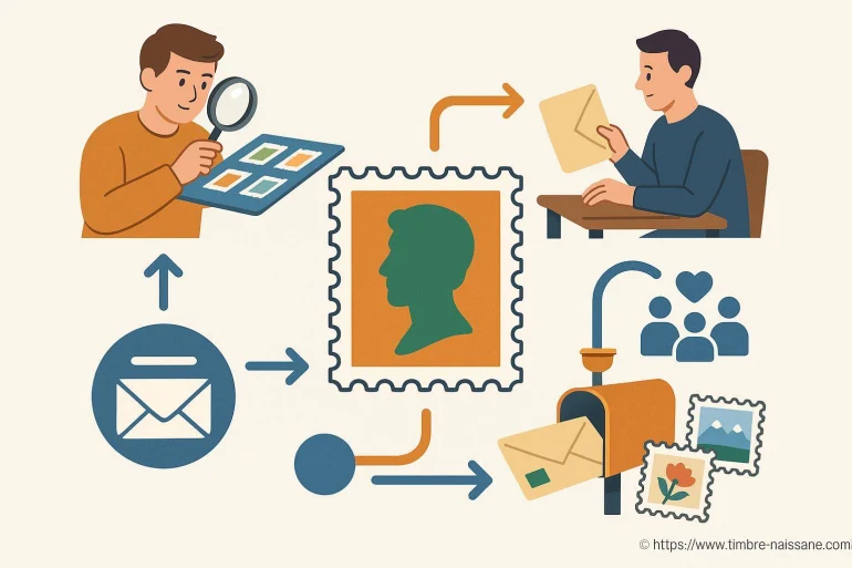 Illustration processus collection et envoi timbres