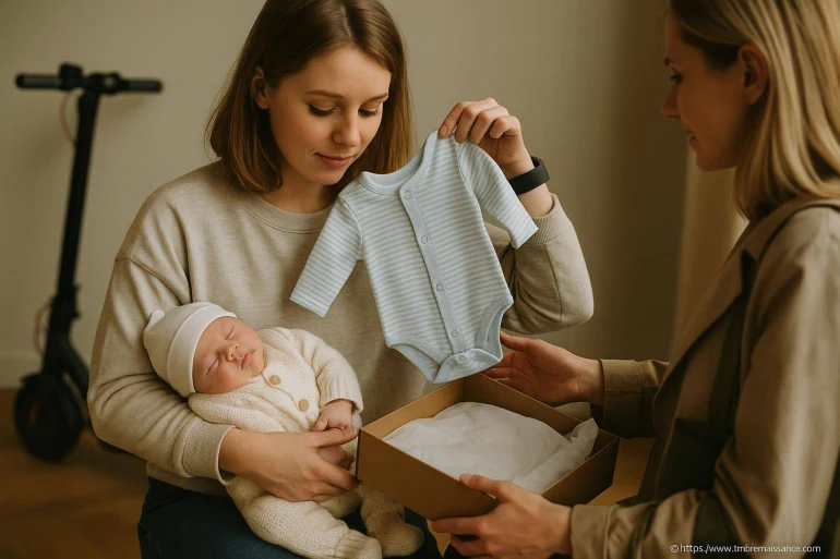 Jeune mère tenant bébé et vêtement bébé