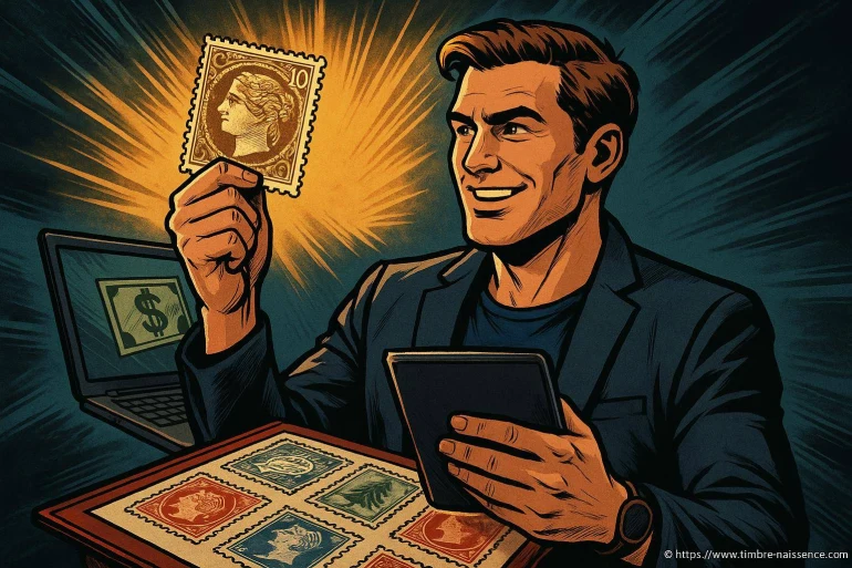 Homme collectionneur de timbres heureux
