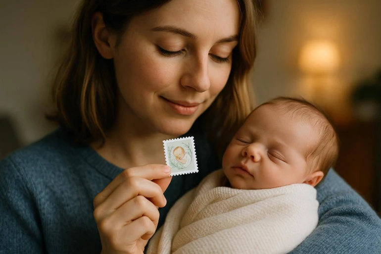 Mère tenant bébé et timbre naissance