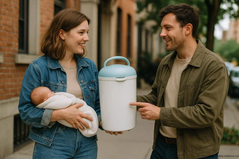 Jeune couple avec bébé et poubelle à couches