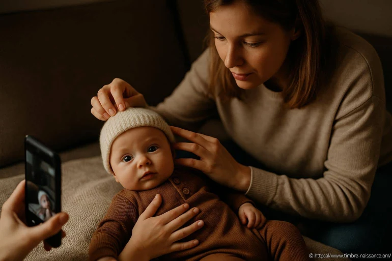 Mère ajustant bonnet bébé pour photo