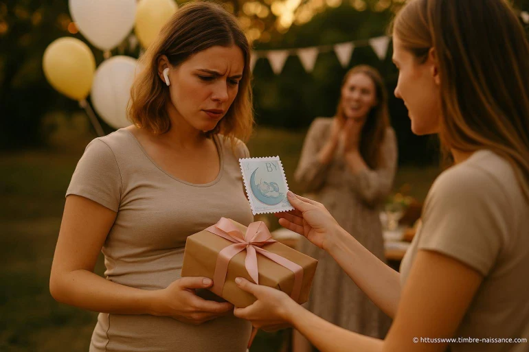 Femme recevant cadeau et carte naissance
