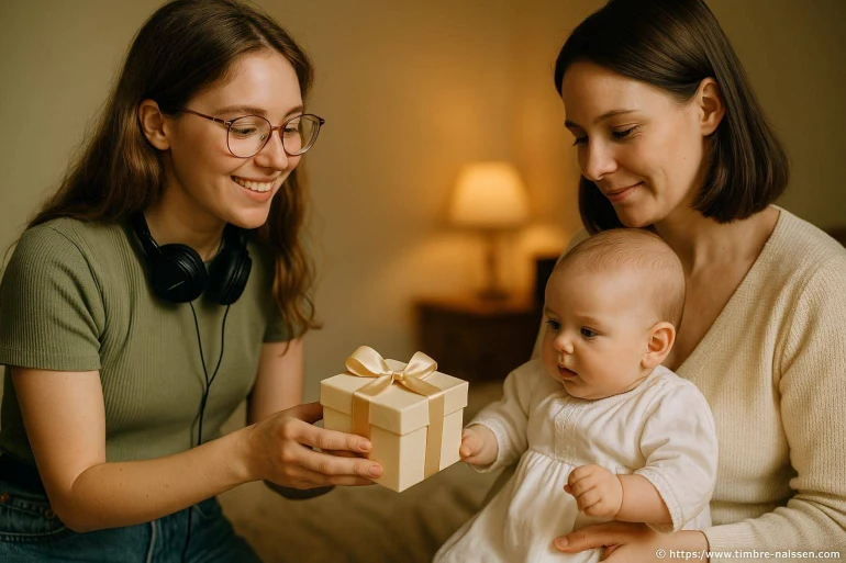 Jeune femme offre cadeau bébé avec maman