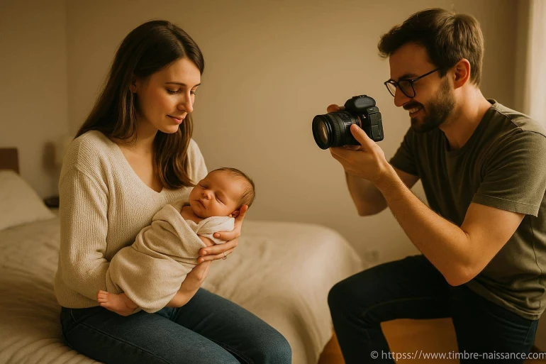 Photographe prenant photo bébé dans bras mère