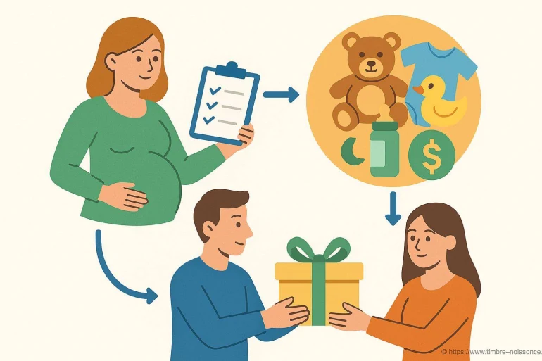 Femme enceinte préparant liste cadeaux naissance