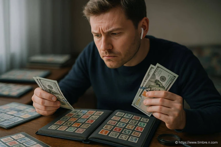 Homme comptant billets devant album de timbres
