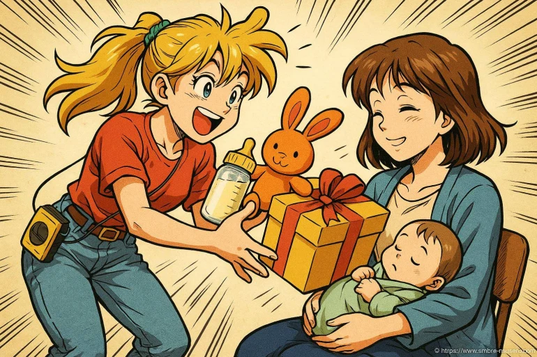 Femme offrant cadeau à mère avec bébé