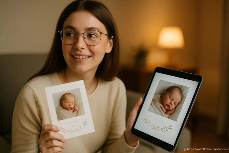Femme souriante tenant photo et tablette bébé