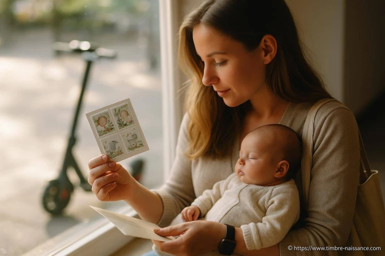 Mère tenant bébé et timbres de naissance