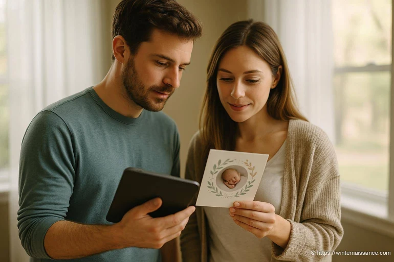 Couple regardant faire-part naissance bébé