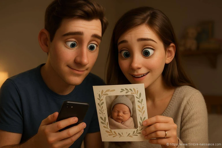 Jeune couple admirant photo de bébé