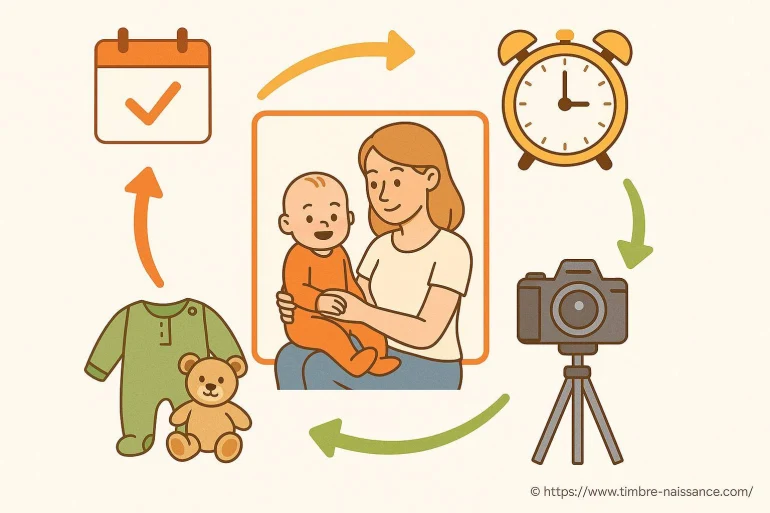 Mère tenant bébé avec objets symboliques