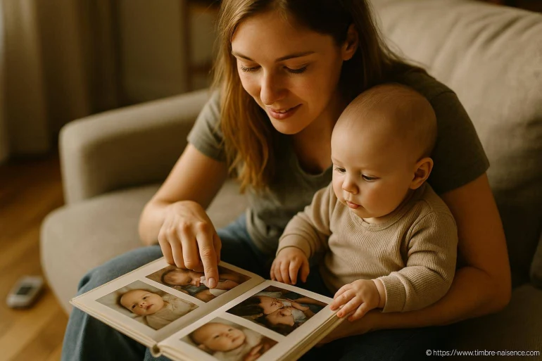 Mère et bébé regardant un album photo
