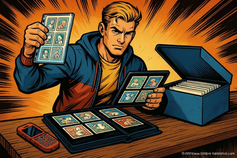 Homme collectionnant des timbres de naissance