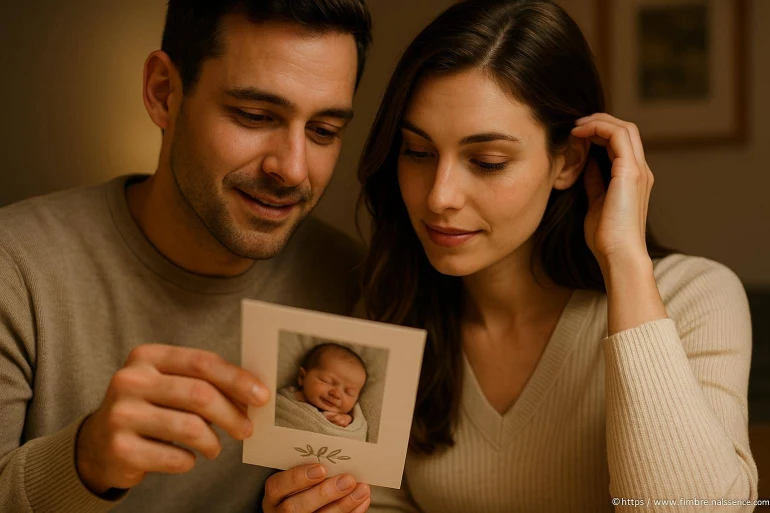Couple regardant photo de bébé avec émotion