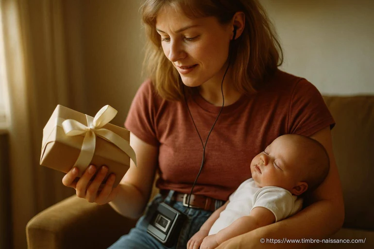 Femme tenant un bébé et un cadeau
