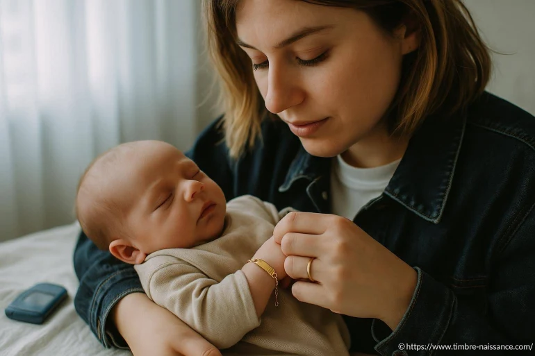 Mère tenant bébé endormi bracelet naissance