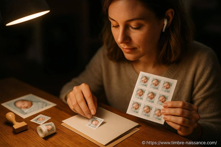 Femme collant timbre naissance bébé sur enveloppe