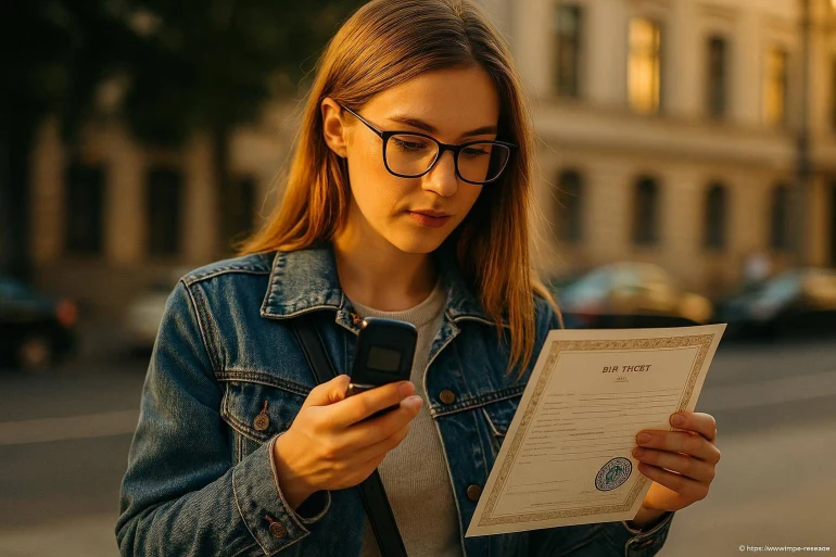Jeune femme lisant un document officiel