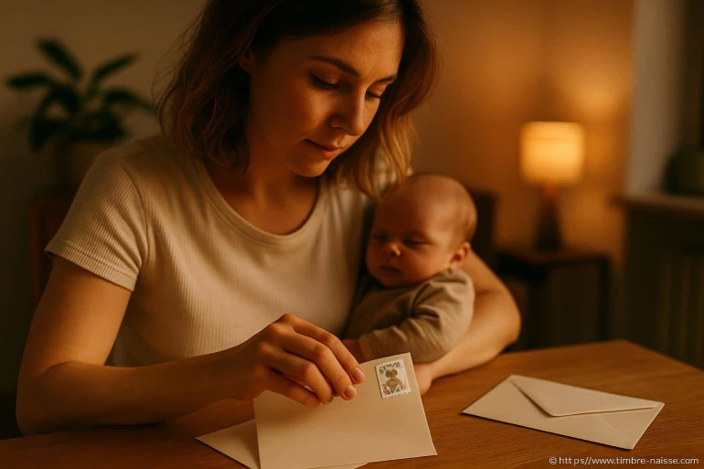 Femme tenant bébé collant timbre sur enveloppe