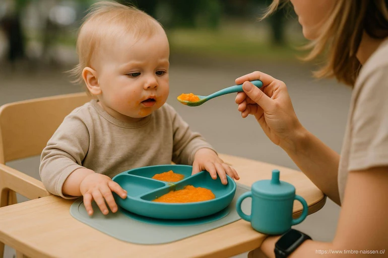 Bébé mange purée orange avec cuillère