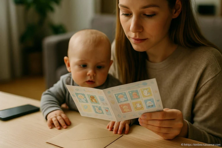 Mère lisant une carte à son bébé