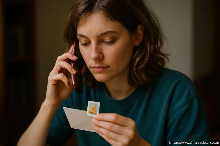Femme regardant un timbre poste au téléphone
