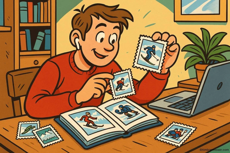 Garçon collectionnant timbres de sports dhiver